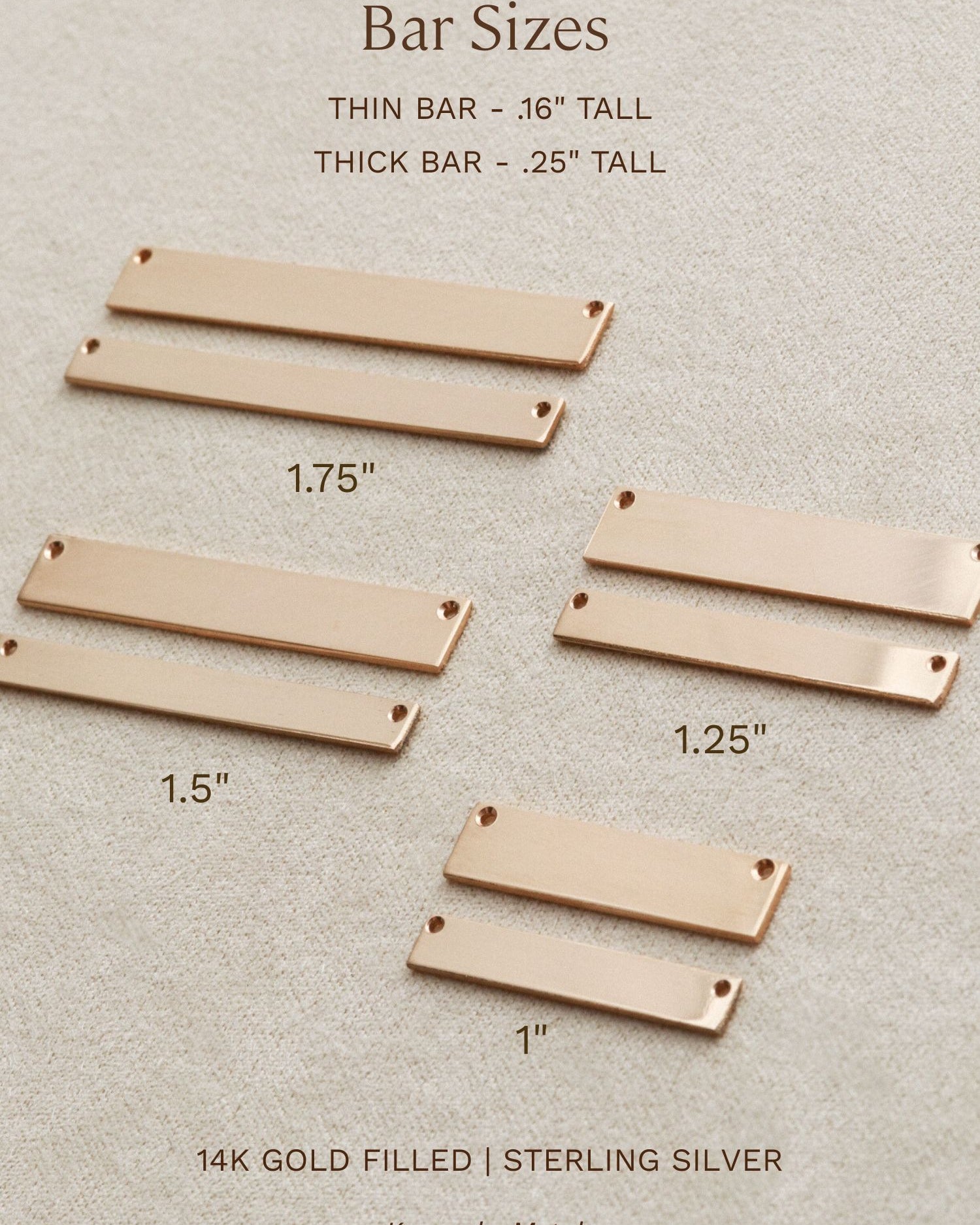 various bar sizes, including thin bars, thick bars, and gold-filled bars, arranged on a beige background.