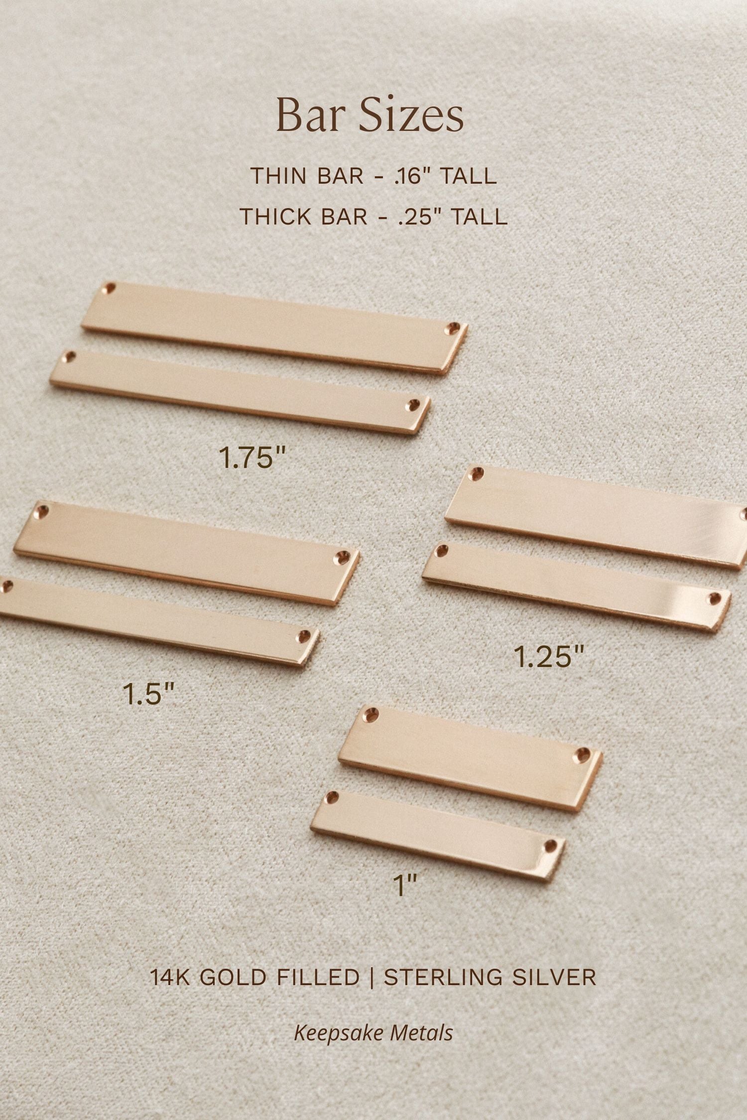 various bar sizes, including thin bars, thick bars, and gold-filled bars, arranged on a beige background.