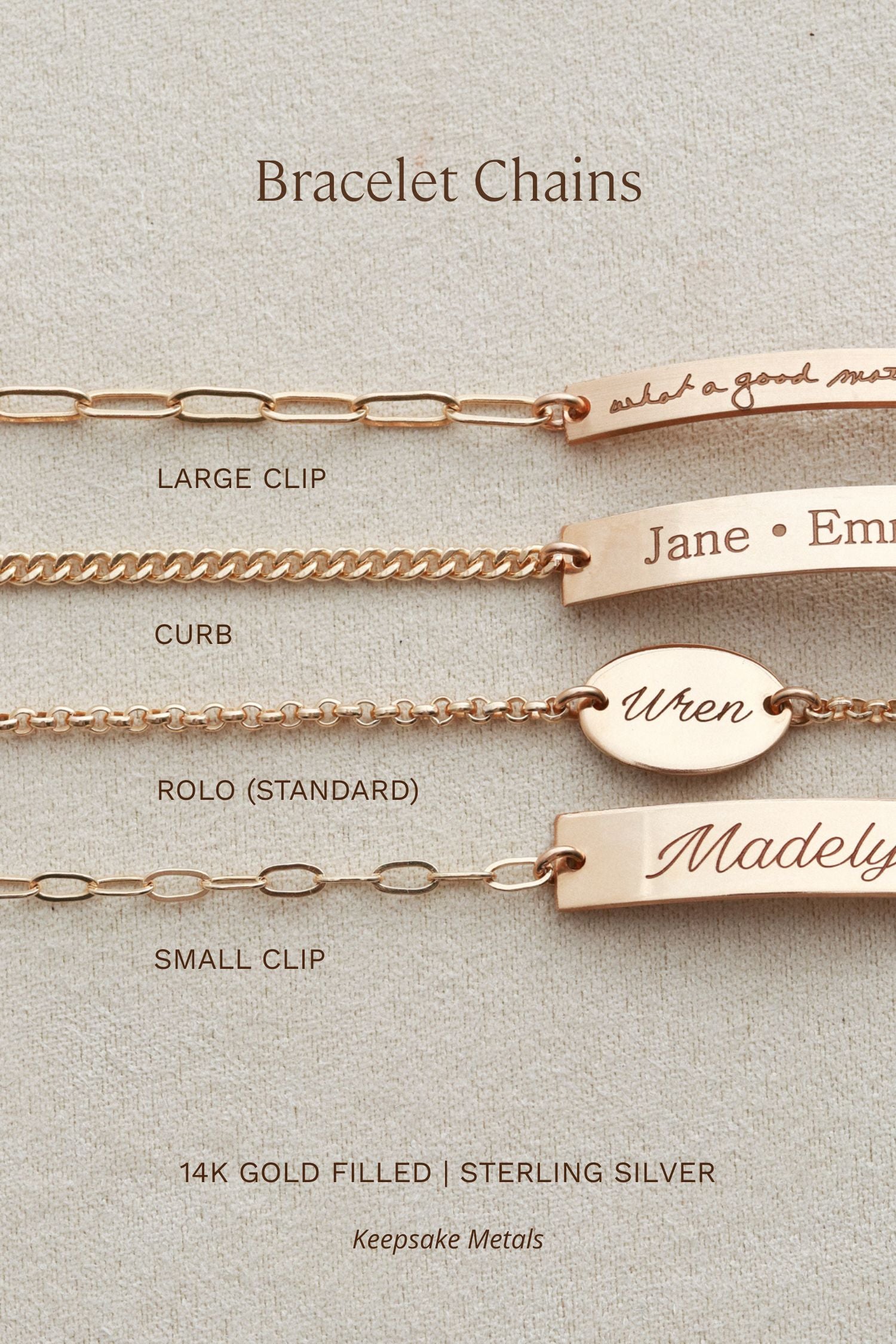 a collection of bracelet chains in various sizes and designs, including a large clip, a small clip, and a personalized bracelet with engraved names.