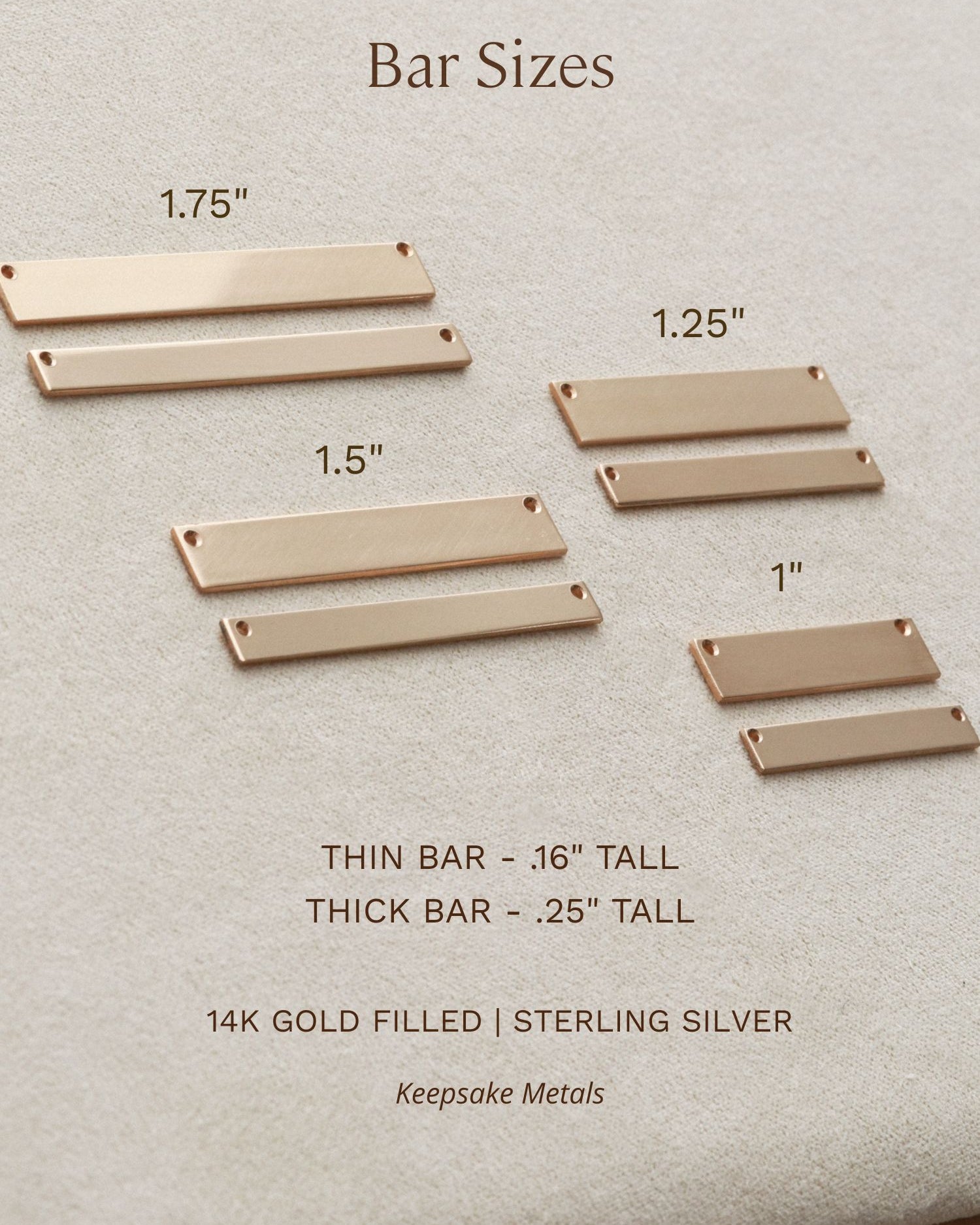 various bar sizes, including thin bars, thick bars, and gold-filled bars, arranged on a white background.