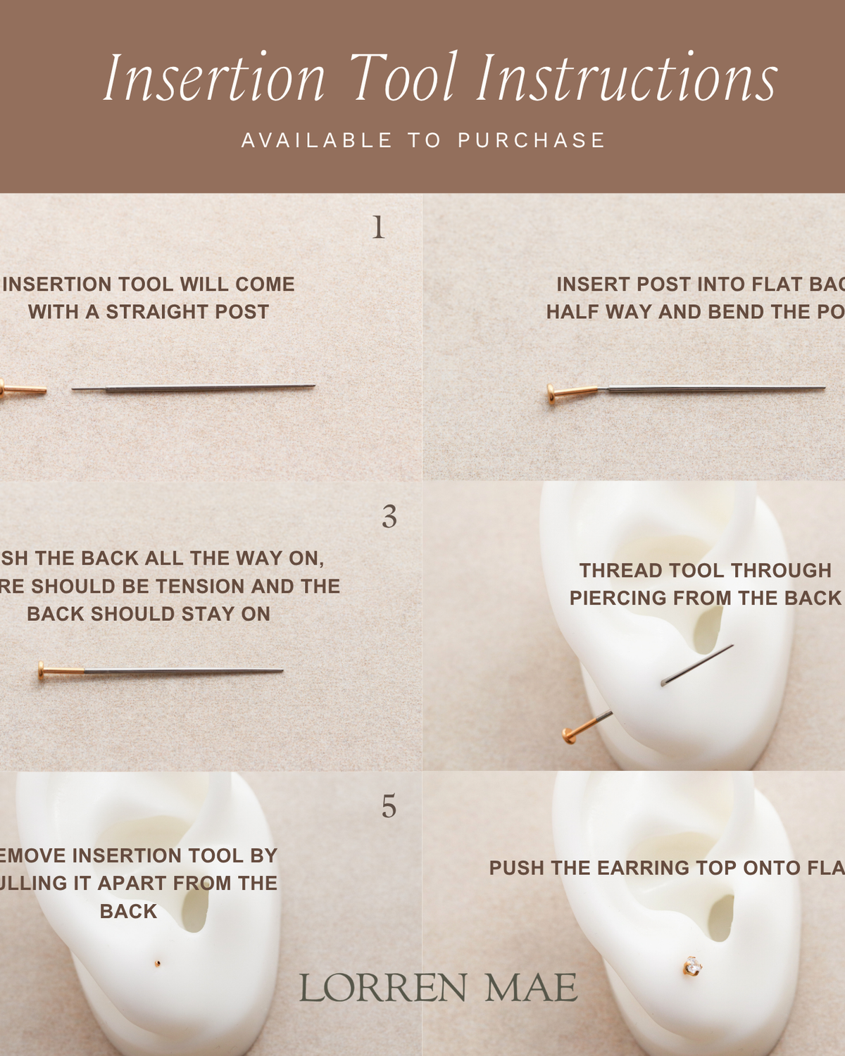 instructions for using an earring tool, with step-by-step visual demonstrations of inserting and removing the tool from the ear.