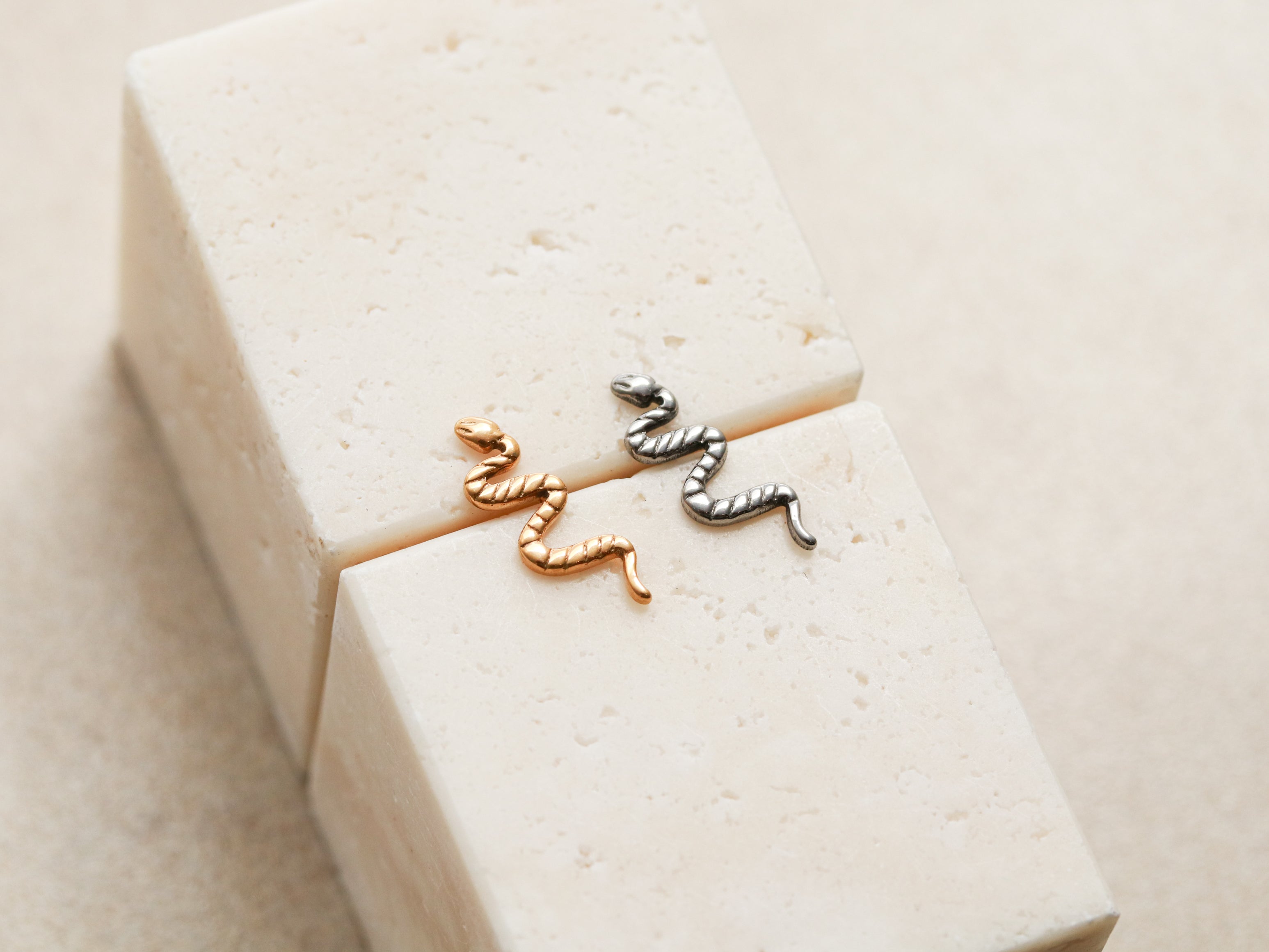 Two small metal snake-shaped earrings are placed on a white surface.