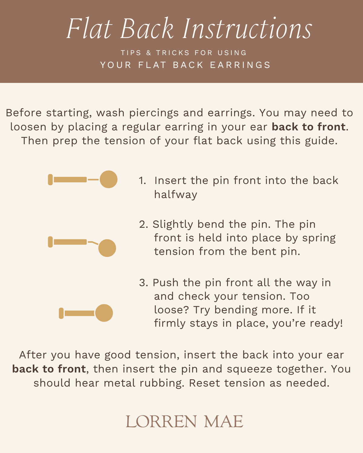 a series of instructions for using flat back earrings, with step-by-step guidance on how to properly insert and secure the back into the ear.