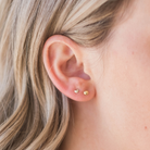 A close-up view of a person's ear with two small gold earrings, one in each ear.