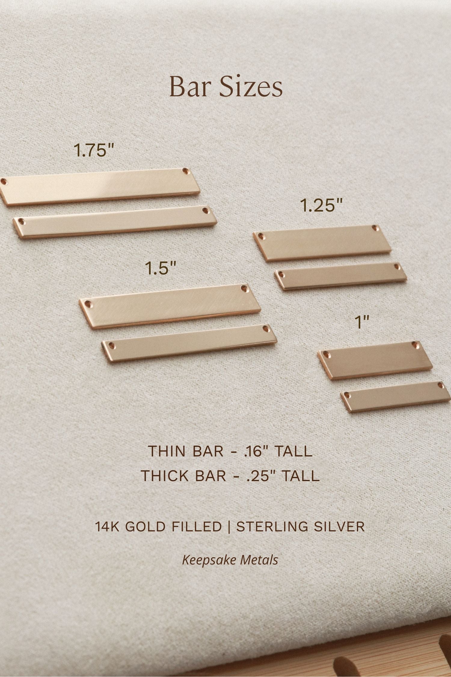 various bar sizes, including thin bars, thick bars, and gold-filled bars, arranged on a white background.