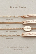 a collection of bracelet chains in various sizes and designs, including a large clip, a small clip, and a personalized nameplate. The chains are made of 14k gold-filled and sterling silver materials, and they come in different styles, such as a curbed chain, a rolo (standard) chain, and a personalized nameplate.