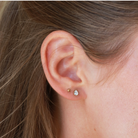 A close-up view of a person's ear with a pair of earrings, specifically a pair of earrings with a small, clear gemstone.