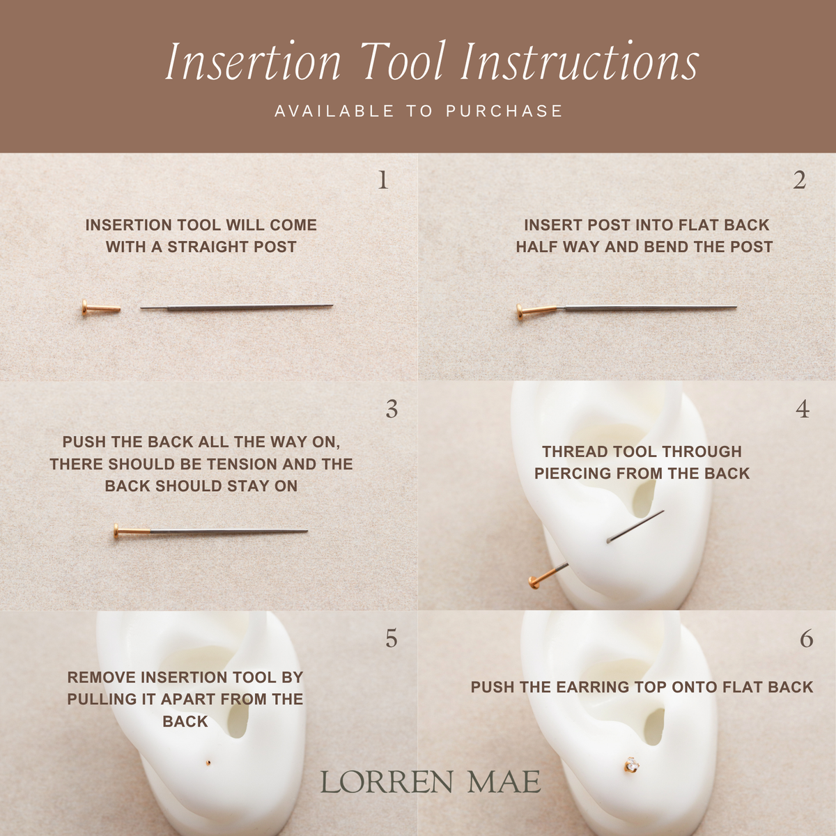 instructions for using an earring tool, with step-by-step visual demonstrations of inserting and removing the tool from the ear.