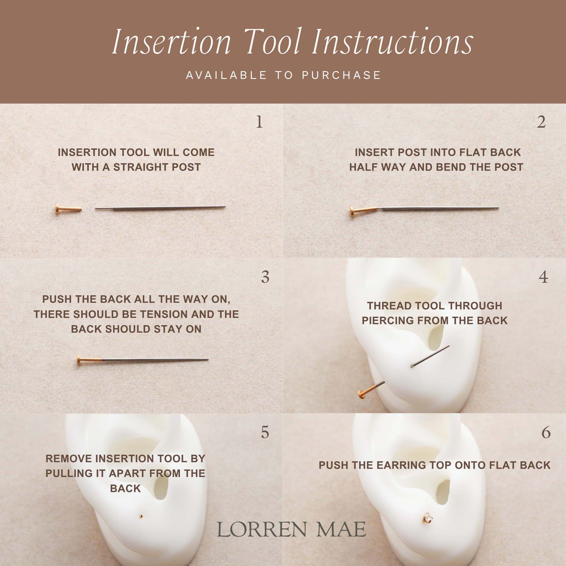 instructions for using an earring tool, with step-by-step visual demonstrations of inserting and removing the tool from the ear.