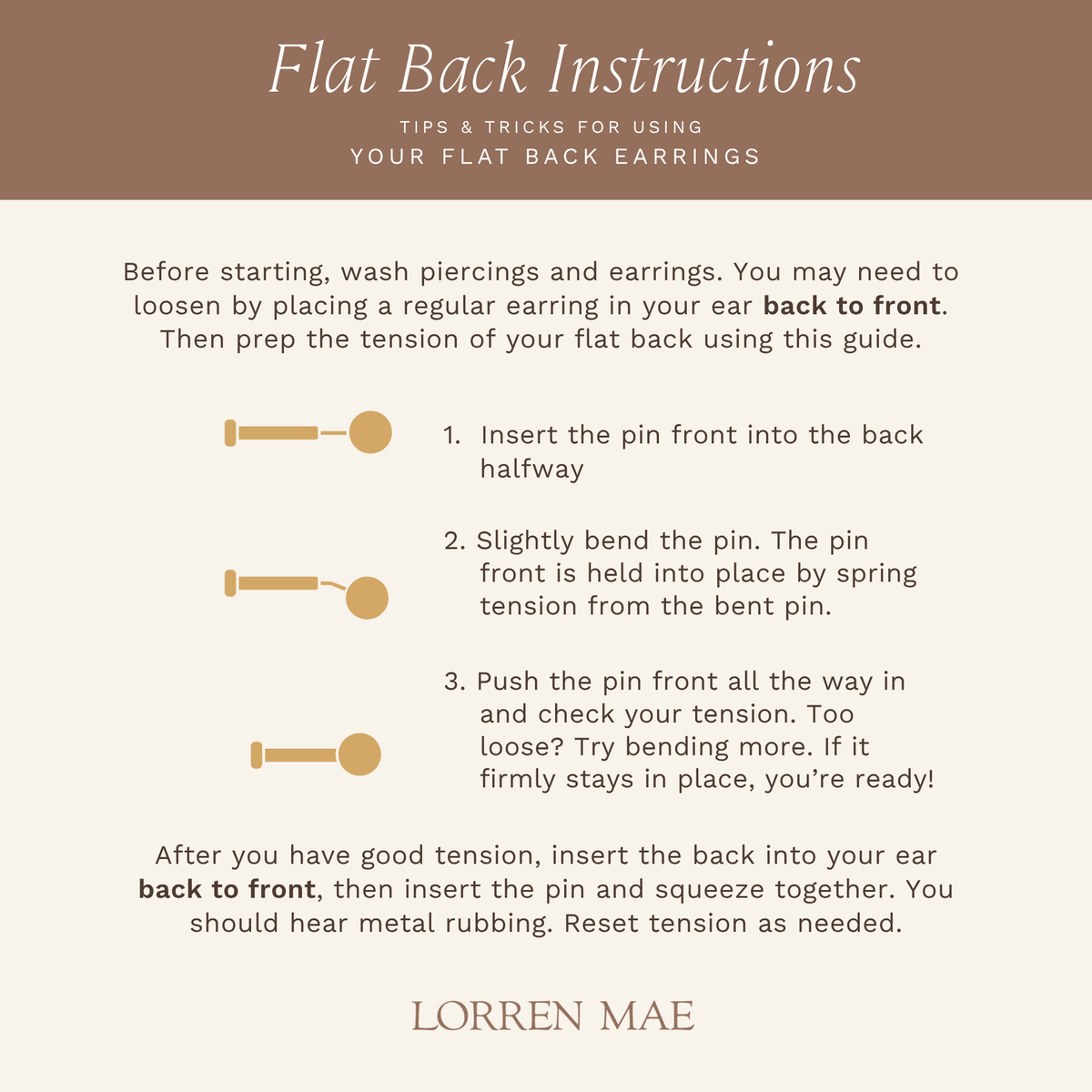 a series of instructions for using flat back earrings, with step-by-step guidance on how to properly insert and secure the back into the ear.