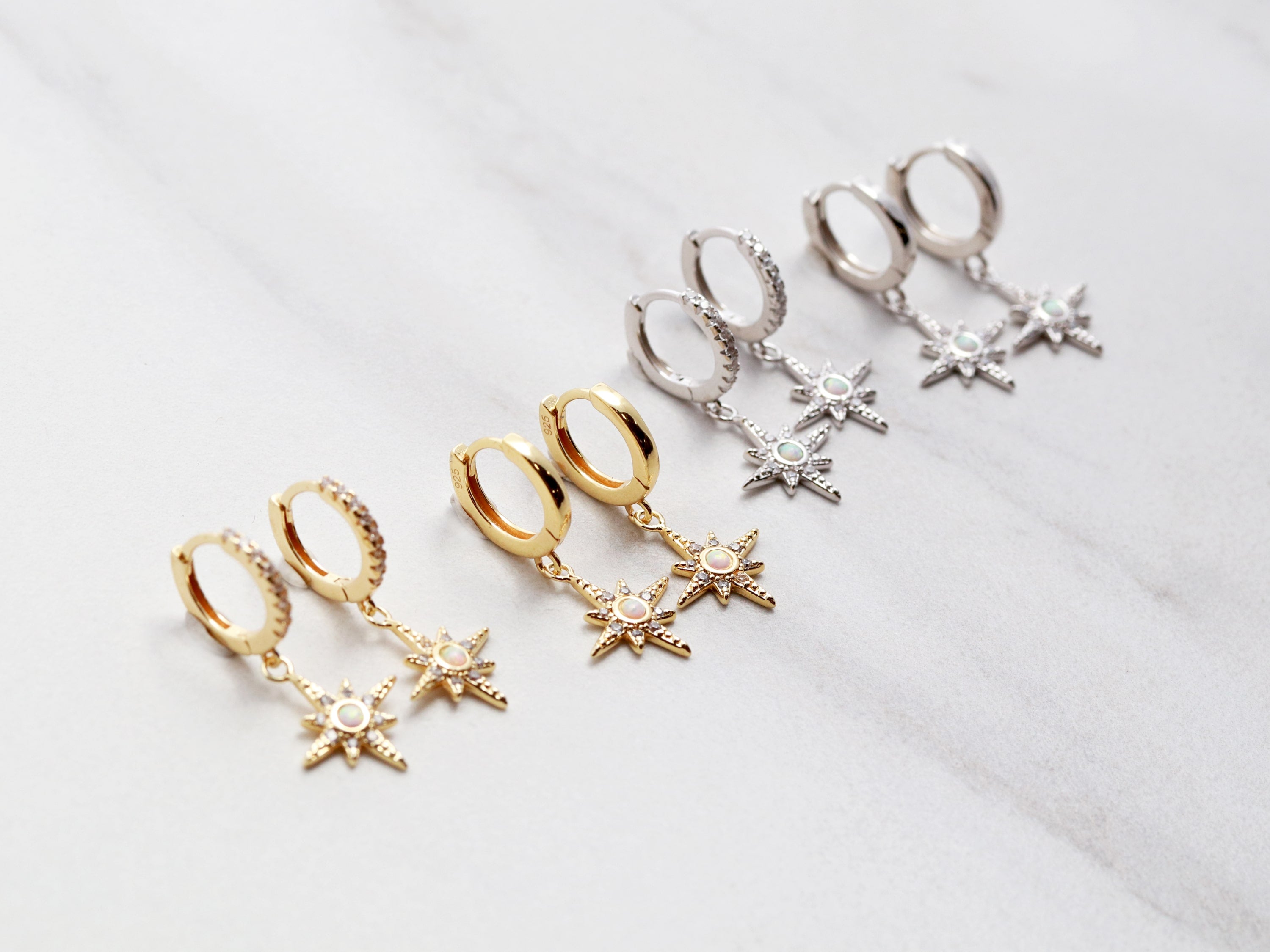 Starburst Hoop Earrings in gold or silver with CZ or solid base. Custom order from Tom Design Shop.